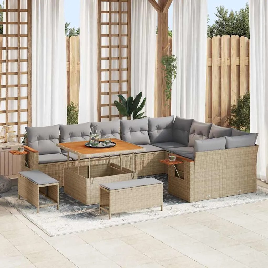Conjunto de Sofá de Jardim de 12 Peças com Almofadas Bege Rattan Polié
