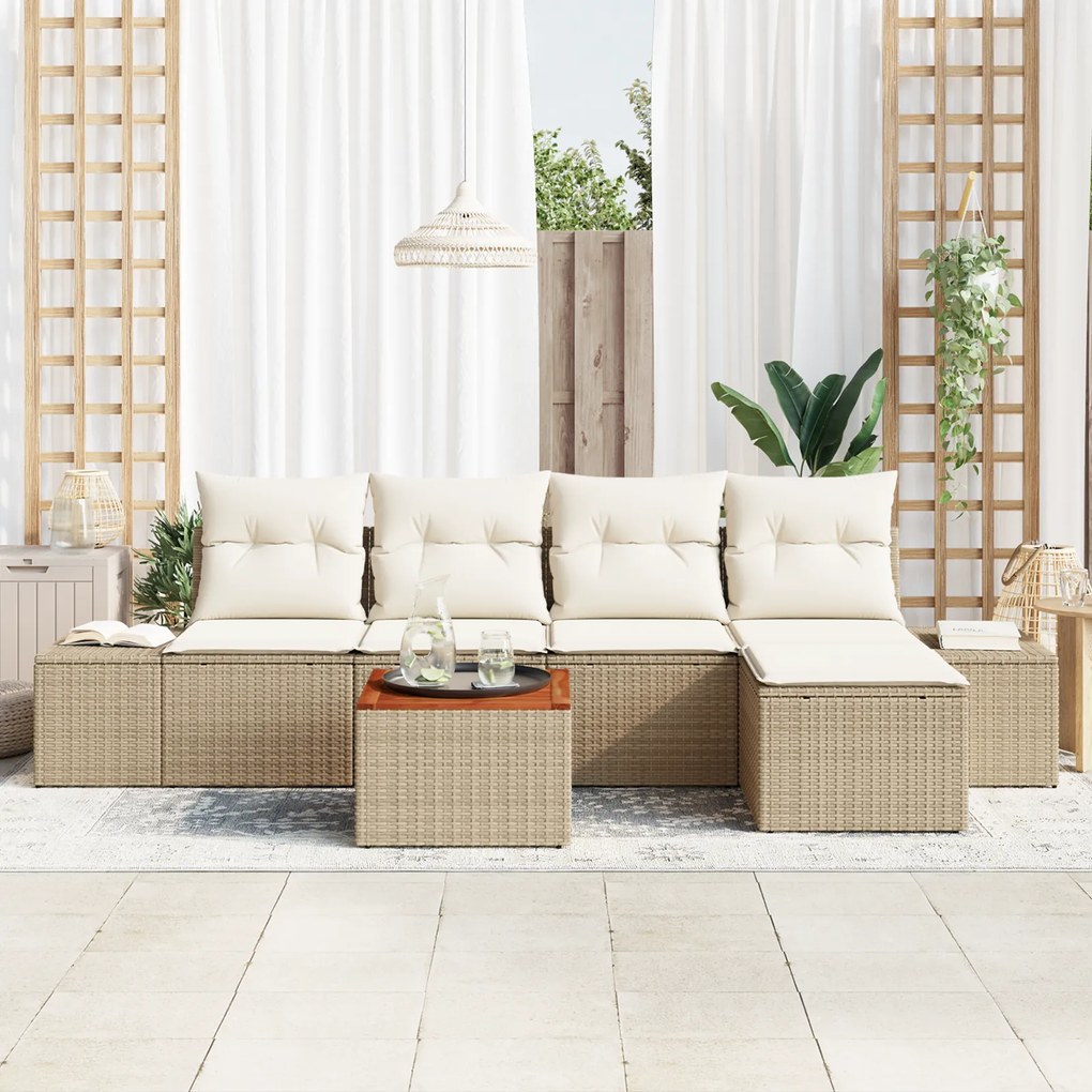Conjunto de Sofá de Jardim de 6 Peças com Almofadas Bege Vime de Polip