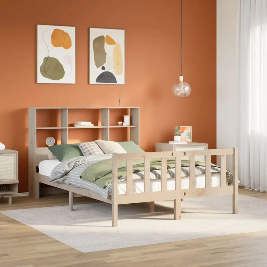vidaXL Cama com estante sem colchão 140x190 cm pinho maciço