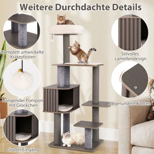 Arranhador de 151cm com caverna para gatos, postes para arranhar, bola e almofadas removíveis