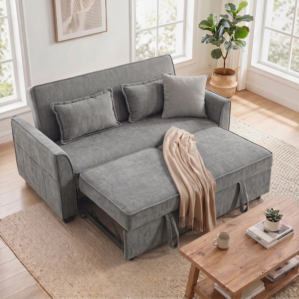 Sofá-cama de 2 Lugares 4 em 1 com 2 Módulos Extraíveis, Encosto Ajustável em 3 Posições, Bolsos Laterais e 2 Almofadas, Cinzento