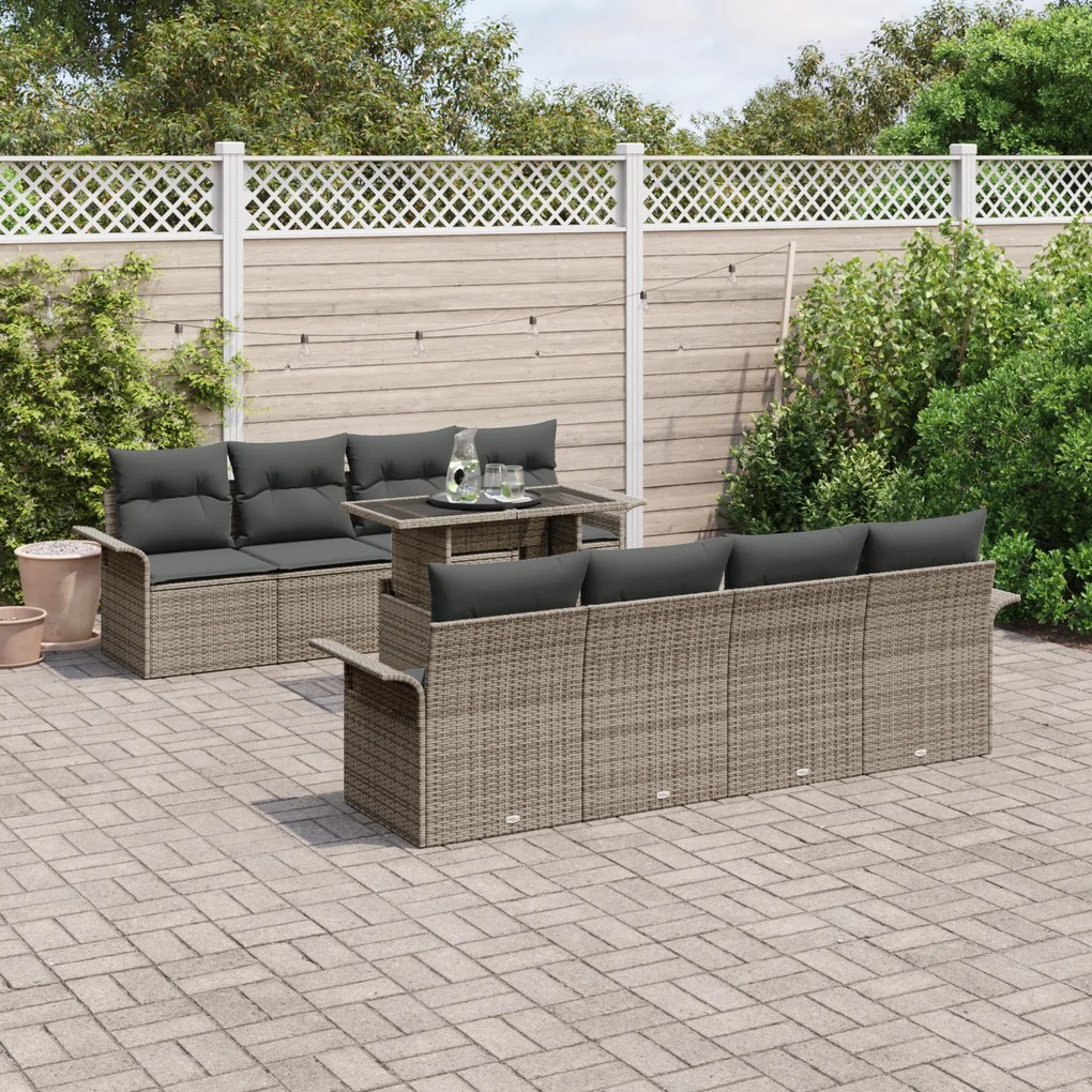 Conjunto de Sofá de Jardim de 9 Peças com Almofadas Cinza Polirattan