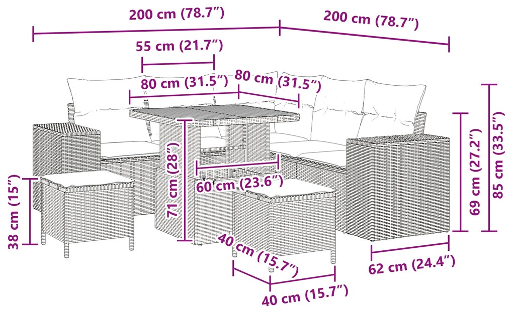 Conjunto de Sofá de Jardim vidaXL de 8 Peças com Almofadas Pretas de R