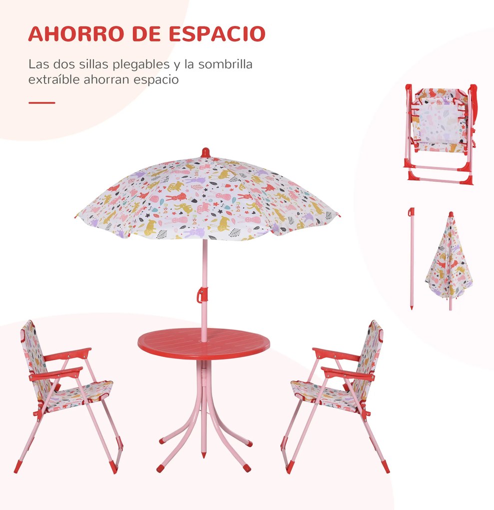 Outsunny Conjunto de Mesa e Cadeiras de Exterior Conjunto de Piquenique Dobrável para Jardim Conjunto de Mesa com Chapéu de Sol Ajustável 100-125 cm e Proteção Solar Vermelho