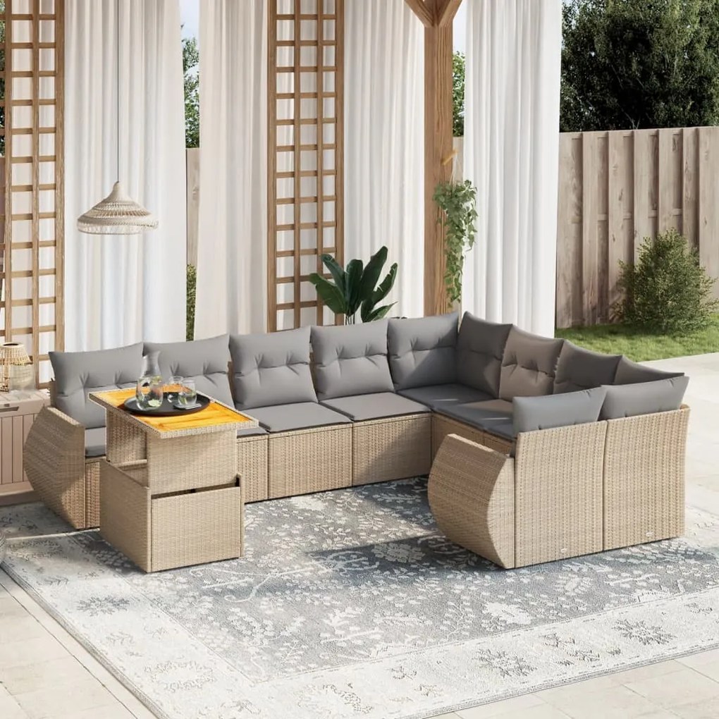 10 pcs conjunto de sofás p/ jardim com almofadões vime PE bege