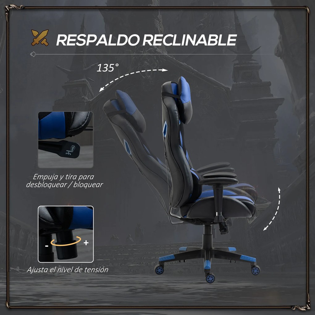 Vinsetto Cadeira de Gaming Ergonômica Cadeira Gamer Giratória com Altura Ajustável Apoio para o Braço Apoio para a Cabeça e Almofada Lombar Removíveis 72x77x127-13cm Azul