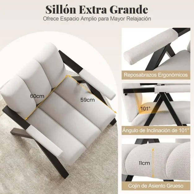 Poltrona lounge acolchoada com braços e estrutura em metal moderna Bege e Preto
