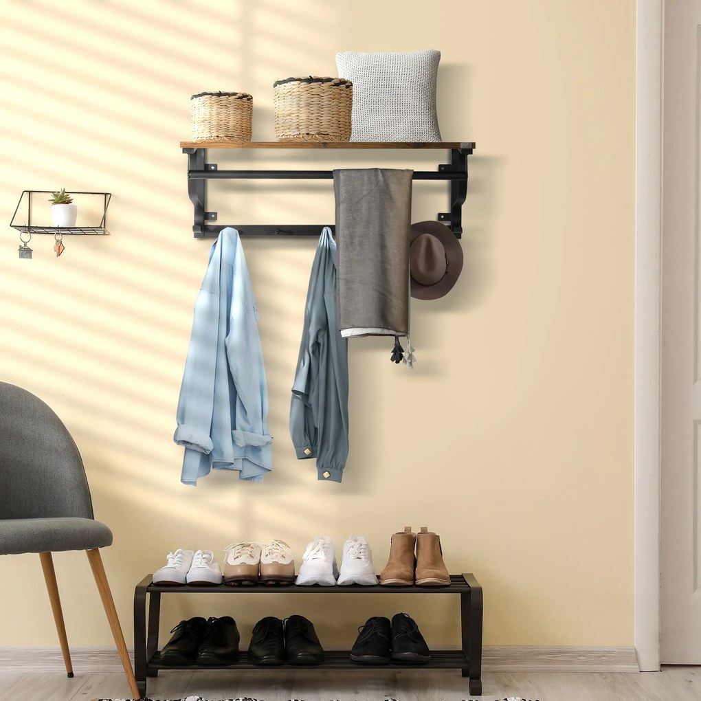 Prateleira de Parede Flutuante com 5 Ganchos e 1 Barra de Aço para Pendurar Roupas Chaves Livros Estilo Moderno 66x30x27cm Madeira e Preto
