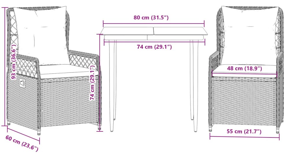 3 pcs conjunto de jantar p/ jardim com almofadões vime PE bege