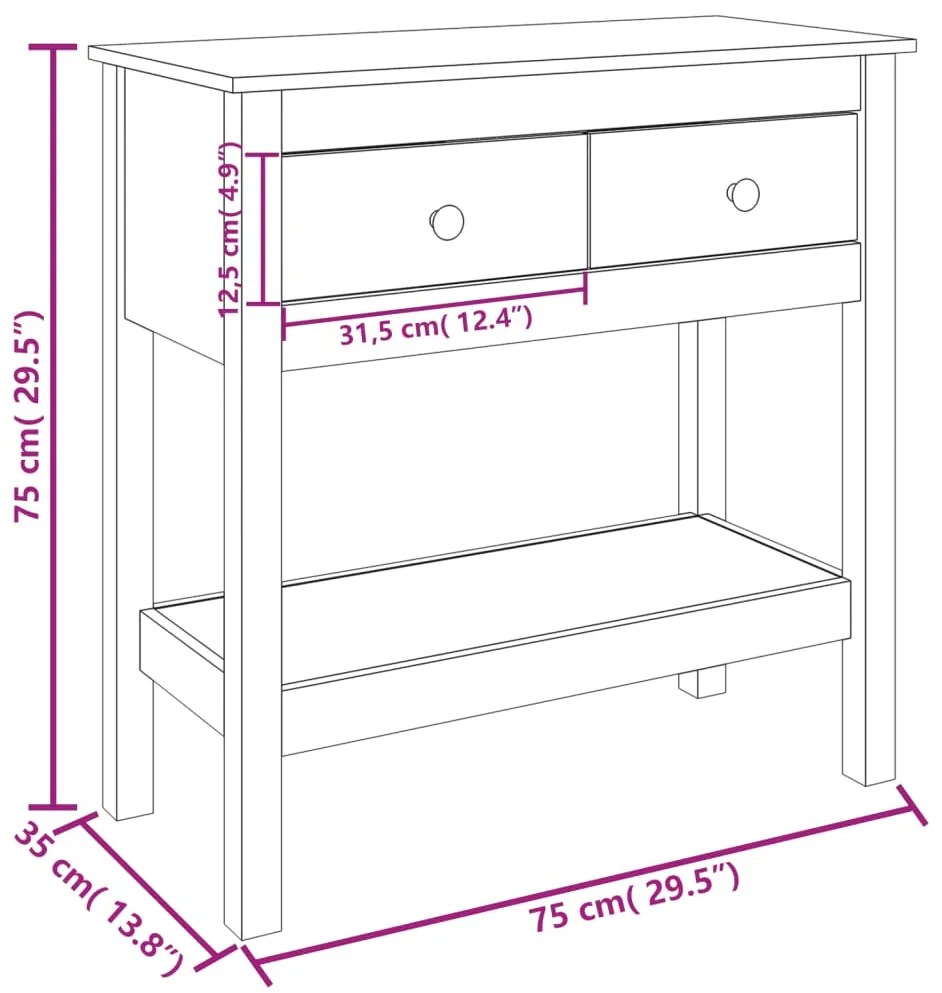 Mesa consola 75x35x75 cm pinho maciço branco