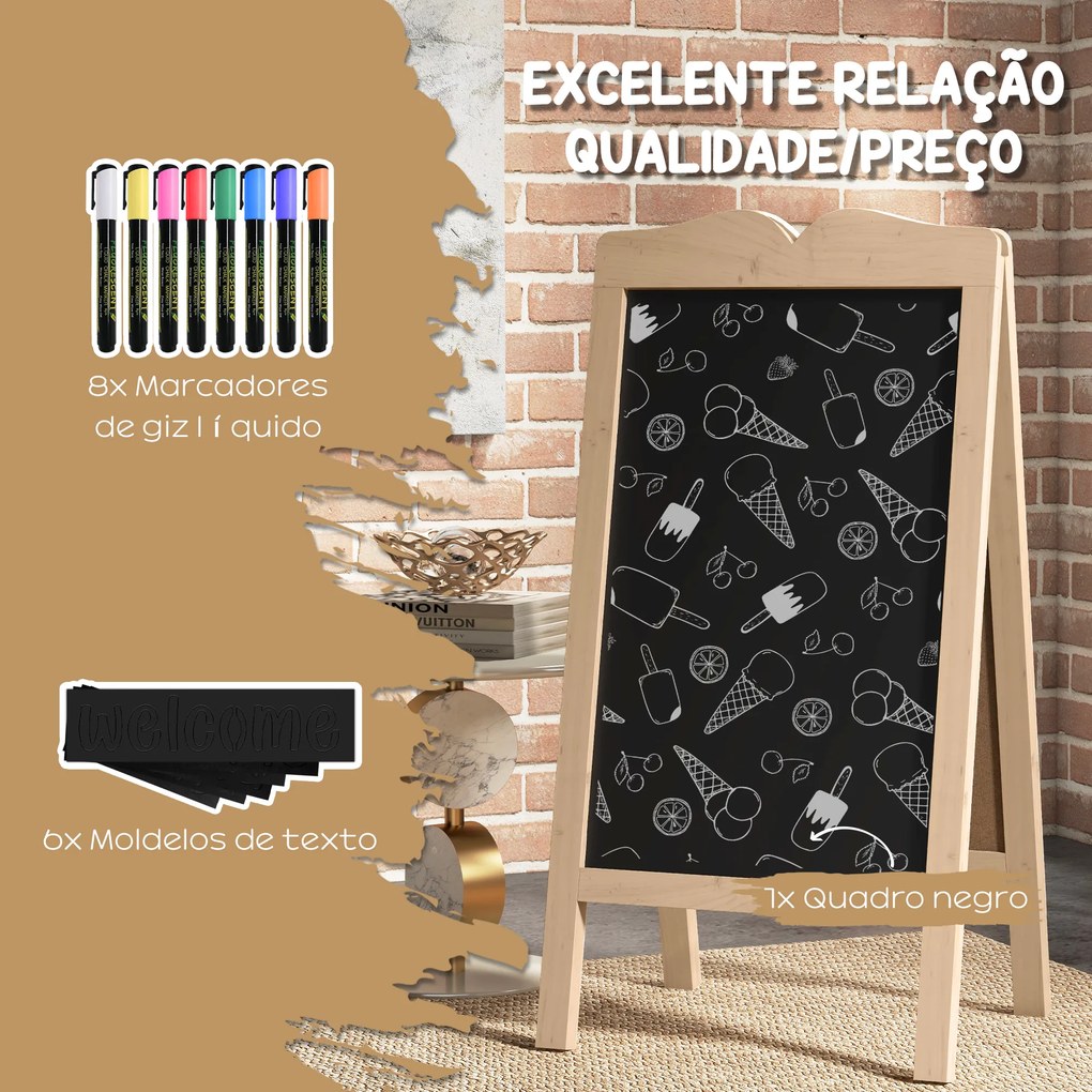 Quadro de Cavalete Cavalete Quadro Negro Magnético Dobrável com 8 Gizes Líquidos e 6 Placas de Palavras 51x42x101 cm Madeira