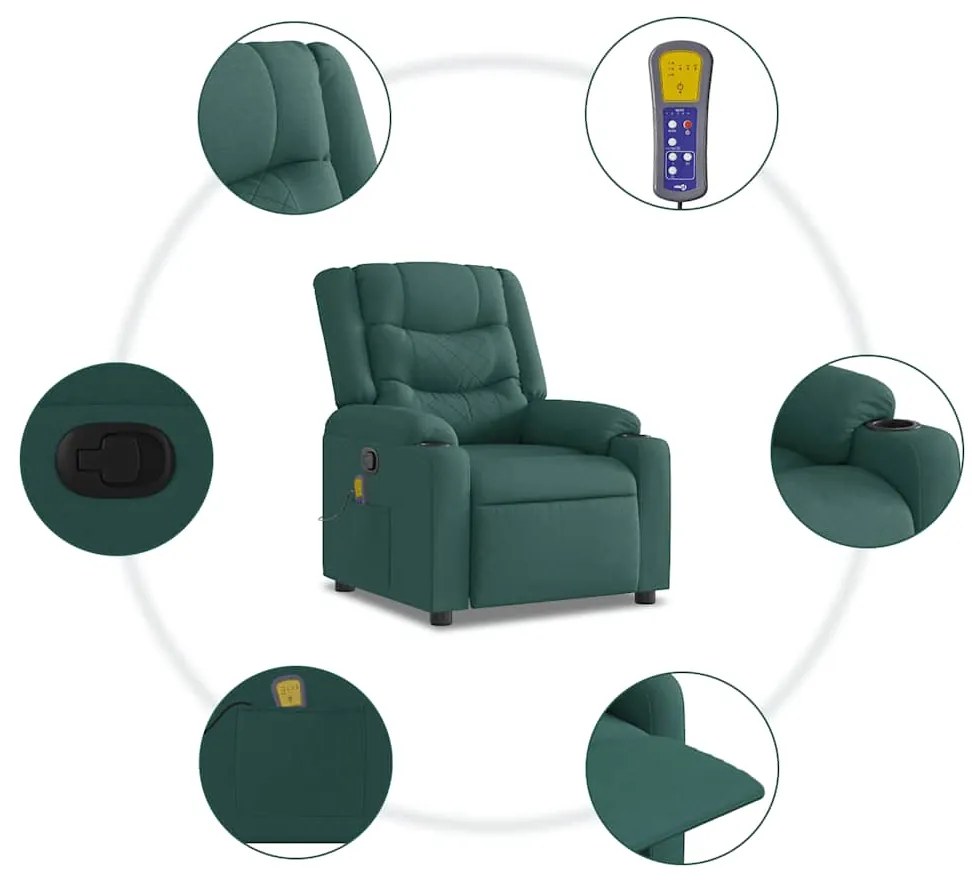 Poltrona de massagens reclinável tecido verde-escuro