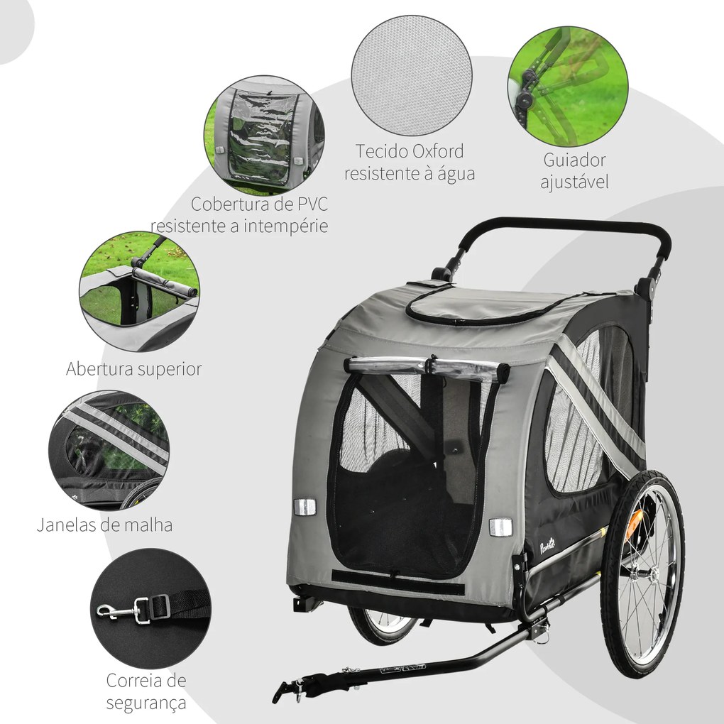 Reboque Bicicleta Cães 2 em 1 Transporte Animais Estimação Porta Enrolável Janelas 140x72,5x107,5cm Cinza