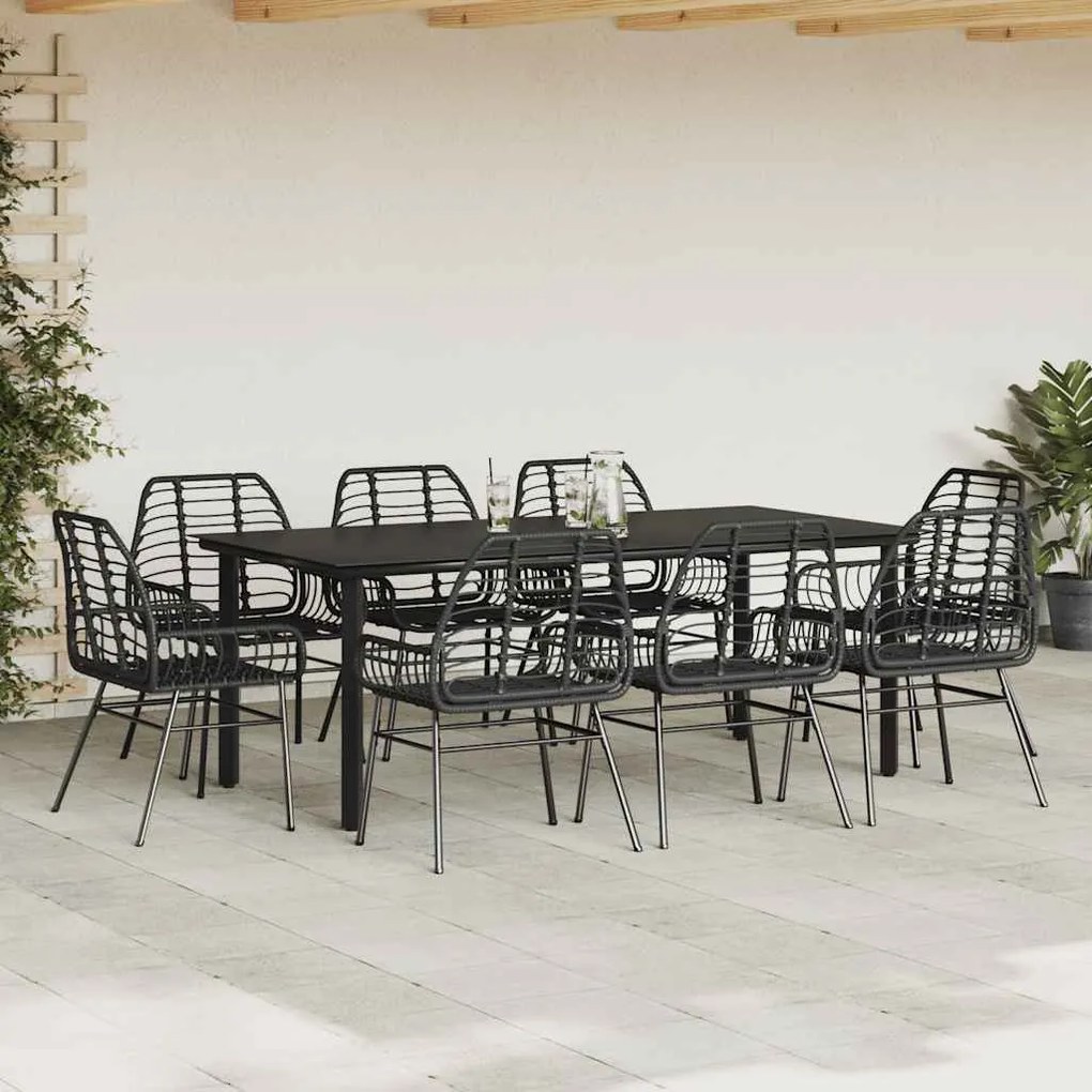 Conjunto de jantar jardim 9 peças vidro vime PE preto