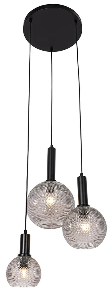 Candeeiro de suspensão design preto com vidro fumê 3 luzes - Chico Design
