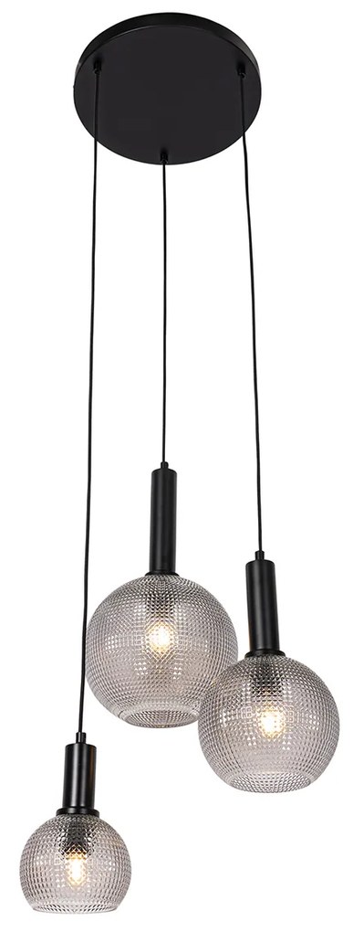 Candeeiro suspenso design preto com vidro fumê 3 luzes - Chico Design