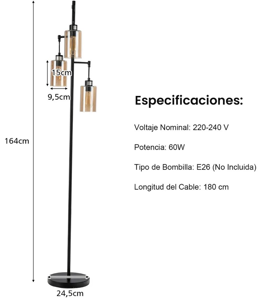 Candeeiro de pé com abajur de vidro âmbar de 3 cabeças, interruptor de pé, base de metal para quarto, 24,5 x 164 cm, preto