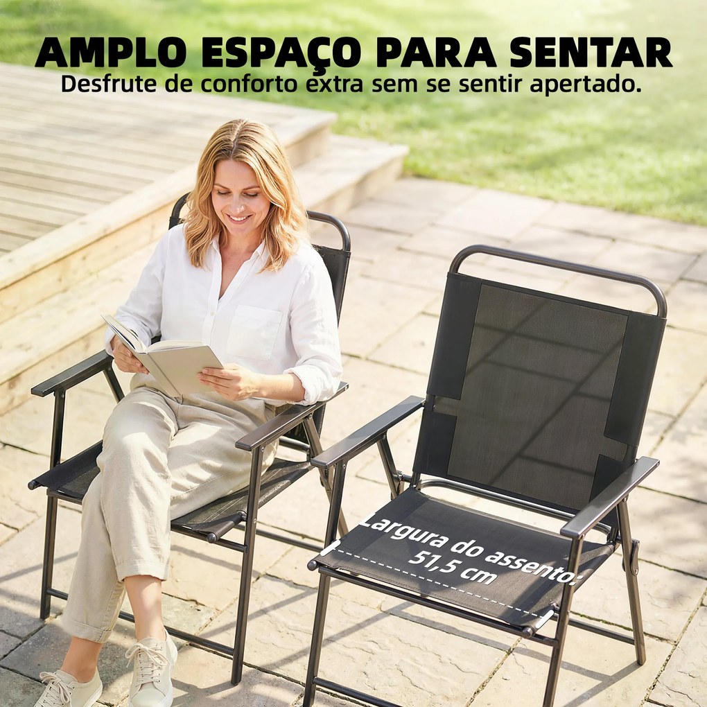 Conjunto de 4 Cadeiras de Jardim Dobráveis com Encosto Alto e Apoios de Braços Tecido Textilene Respirável Preto