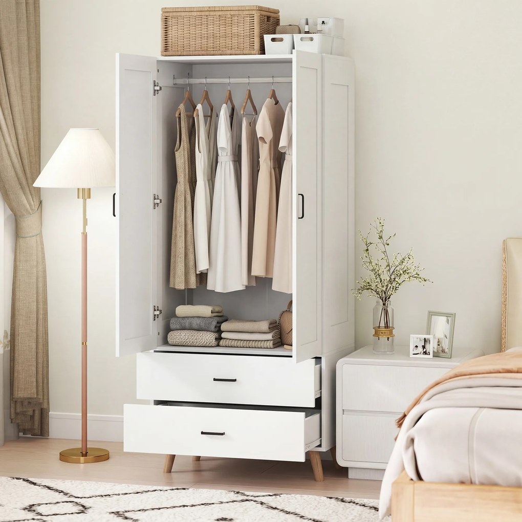 Guarda Roupa com 2 portas 80 x 54 x 180 cm com fecho suave, 2 gavetas e barra para pendurar roupa, branco