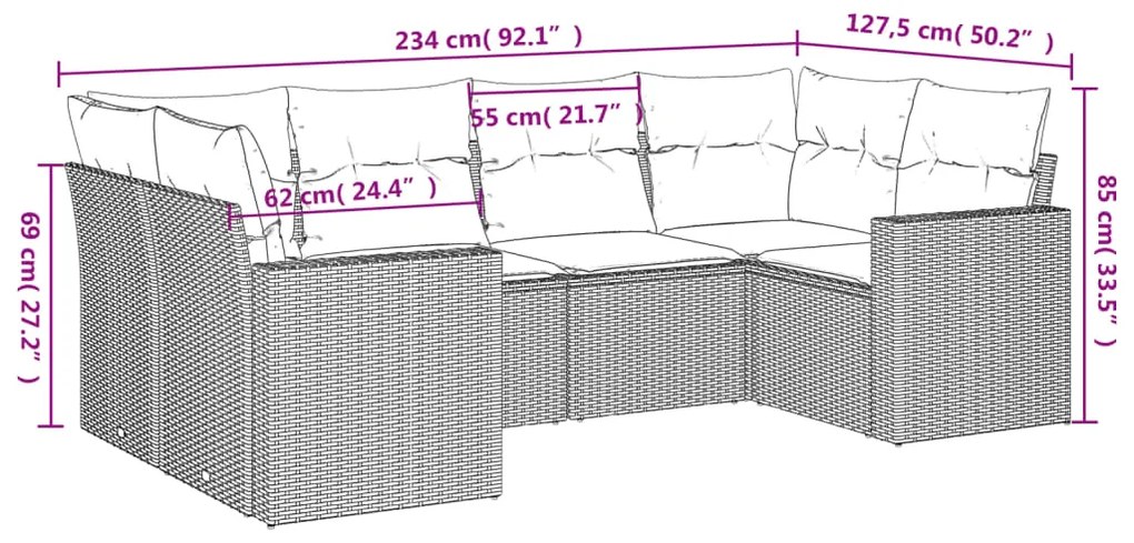 6 pcs conjunto de sofás p/ jardim com almofadões vime PE bege