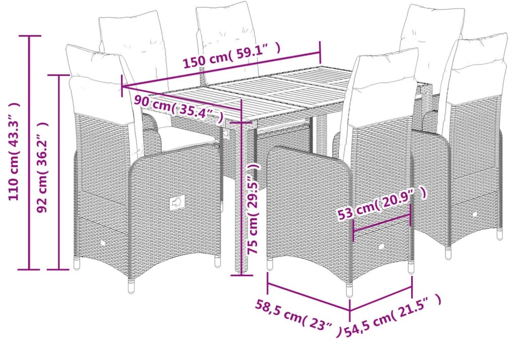 7 pcs conjunto bistrô de jardim c/ almofadões vime PE cinza