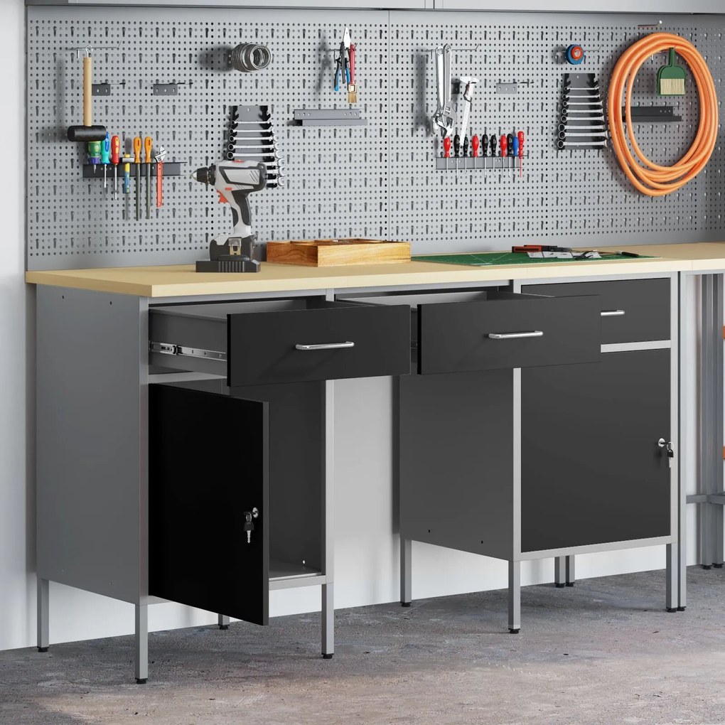 Conjunto de Armários e Mesa de Trabalho em 3 Peças VidaXL Preto em Mad