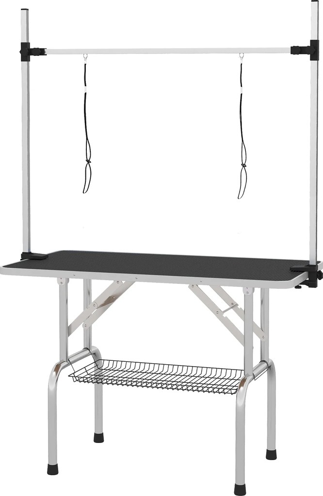 PawHut Mesa Tosquia Cães Dobrável Prateleira Armazenamento Altura Ajustável 20-80 cm 107x60x170 cm Preto Resistente Fácil Limpeza | Aosom Portugal