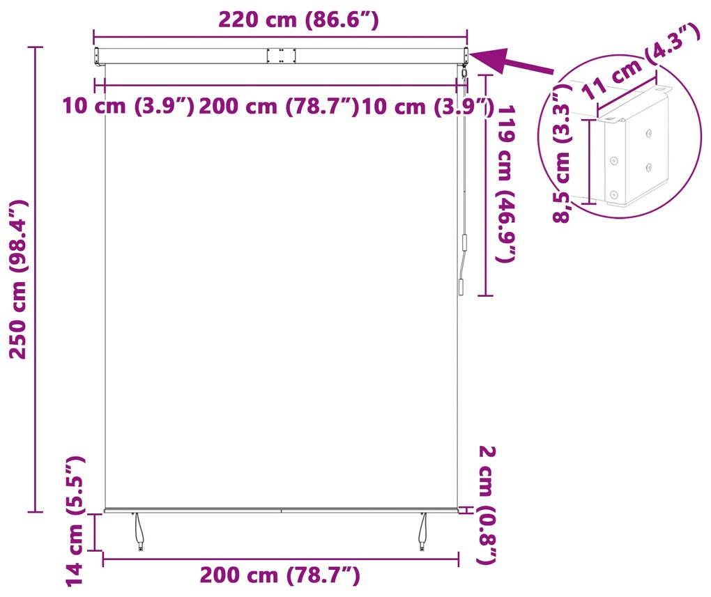 Cortina Rolô Exterior Riscas Manual Ajustável Creme 220 x 250 cm tecid