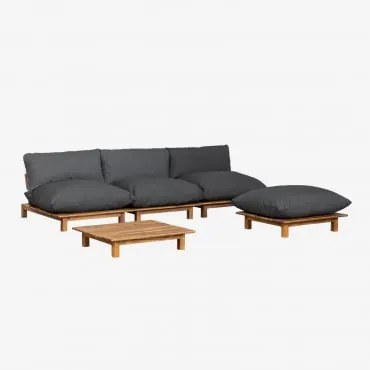 Conjunto De Sala Com Sofá Modular Reclinável De 3 Peças, Mesa De Centro E Puff Em Madeira De Acácia Brina Cinza Grafito - Sklum