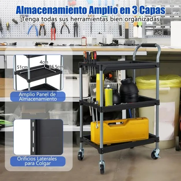 Carrinho de ferramentas de 3 camadas com prateleiras em PP, pega almofadada e rodas giratórias para garagem, oficina 64 x 40 x 102 cm Preto