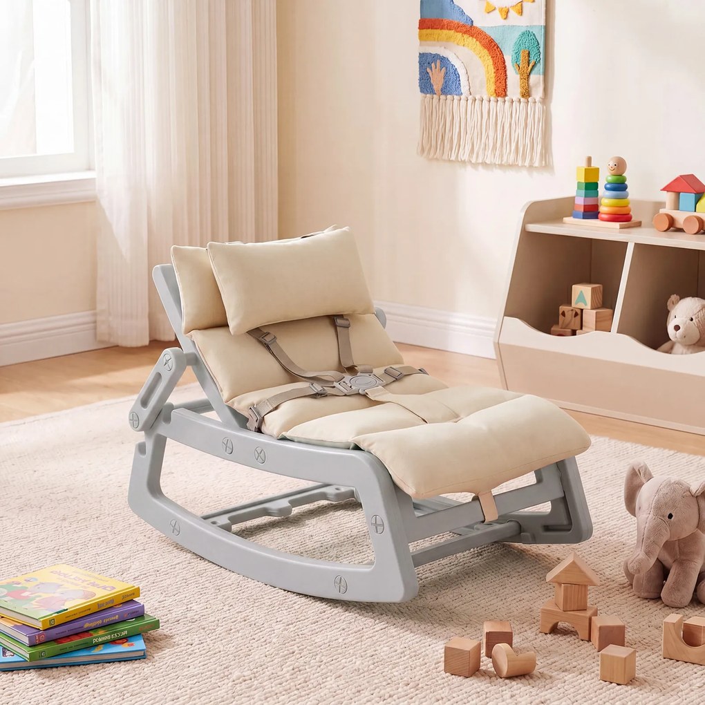 Cadeira de baloiço para crianças com encosto ajustável, almofada removível e lavável, arnês de segurança para crianças a partir dos 6 meses – creche,