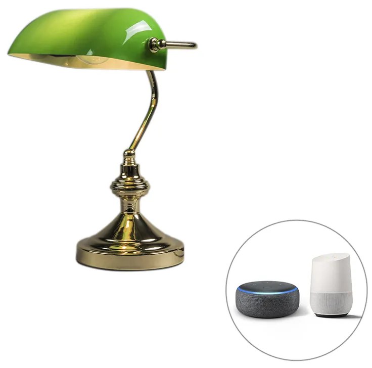 LED Candeeiro de mesa inteligente em latão com vidro verde incl. Wi-Fi P45 - Banker Art Deco,Clássico / Antigo,Retro