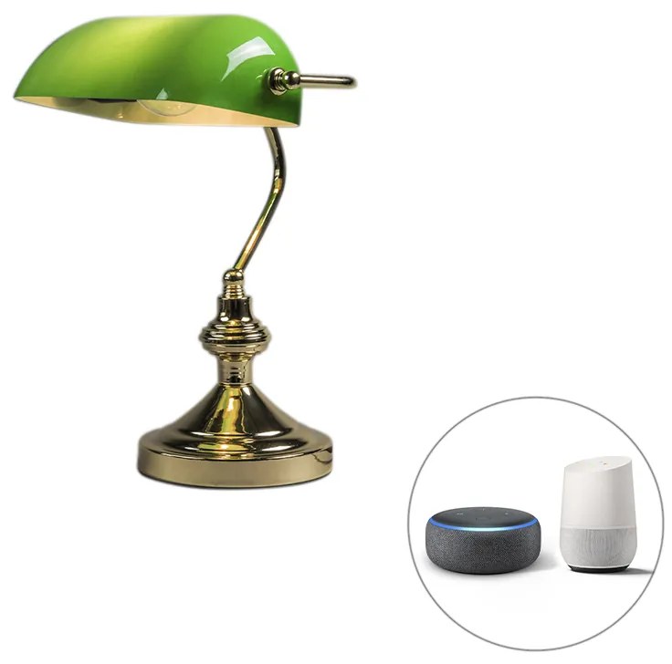 LED Candeeiro de mesa inteligente em latão com vidro verde incluindo WiFi P45 - Banker Art Deco,Clássico / Antigo,Retro