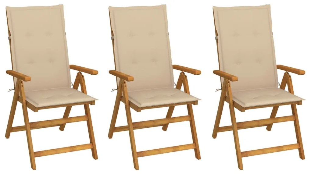 vidaXL Cadeiras de jardim dobráveis c/ almofadões 3 pcs acácia maciça