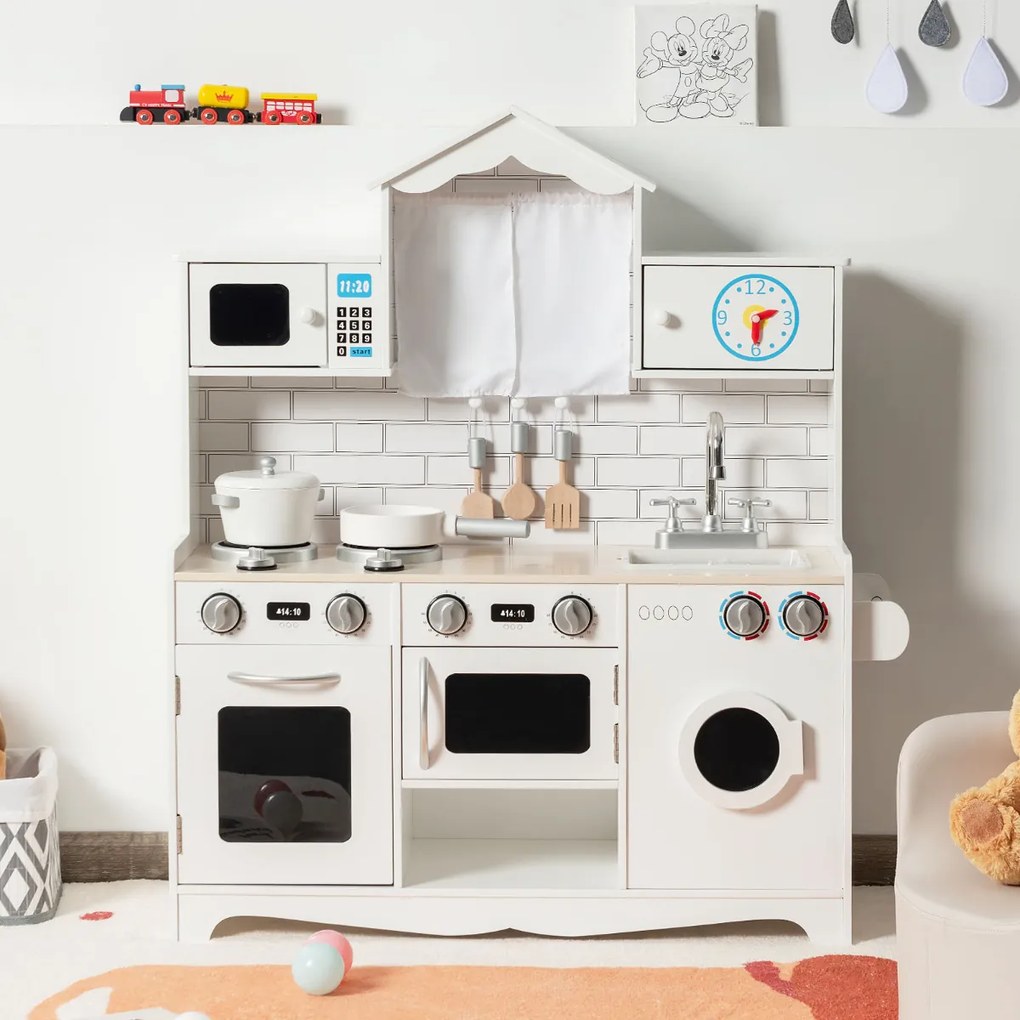 Cozinha Brincar de madeira para crianças com máquina de lavar roupa Forno micro-ondas Forno lava-loiça Fogão Brinquedo de cozinha para crianças com ma