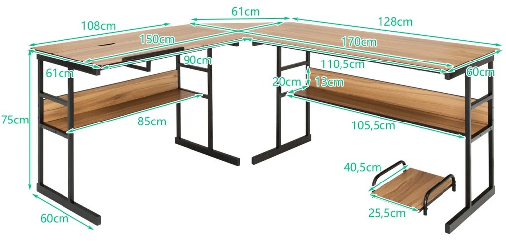 Mesa moderna de escritorio em forma de L, mesa de design inclinado com estrutura metálica inferior Castanho Claro