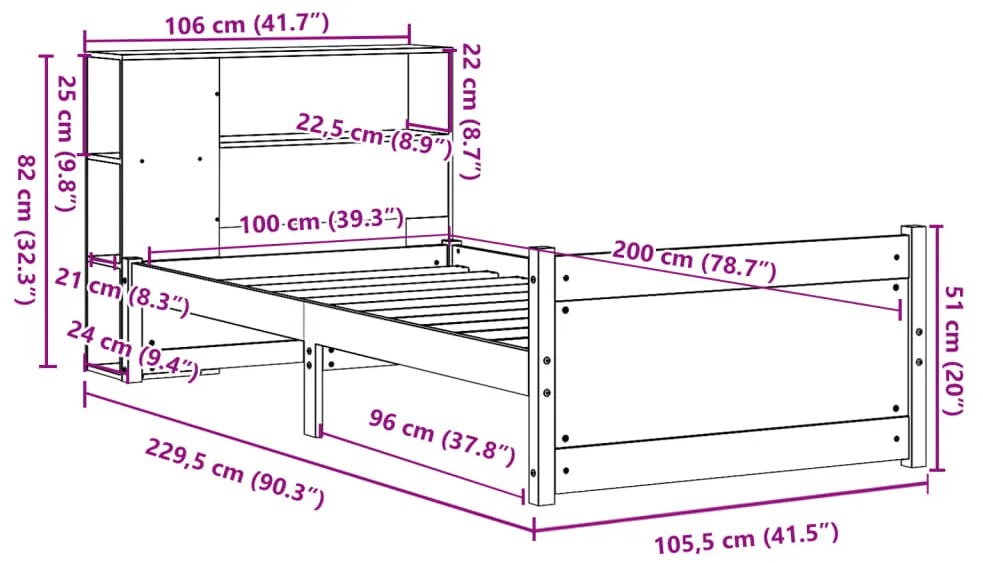 Cama com estante sem colchão 100x200 cm pinho maciço