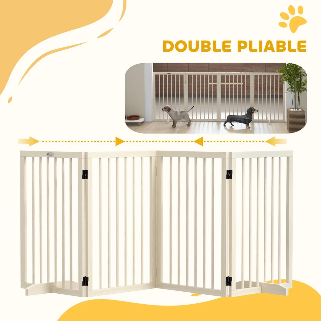 Barreira de segurança modular e dobrável para animais de estimação 206 x 35,5 x 76 cm com pé de apoio, madeira maciça, acabamento em madeira natural