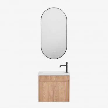 Conjunto De Móvel De Casa De Banho Suspenso Em Madeira Com Lavatório Integrado Narek Castanho Fresno & Ovale Led E Antifog Preto 50x100 Cm - Sklum