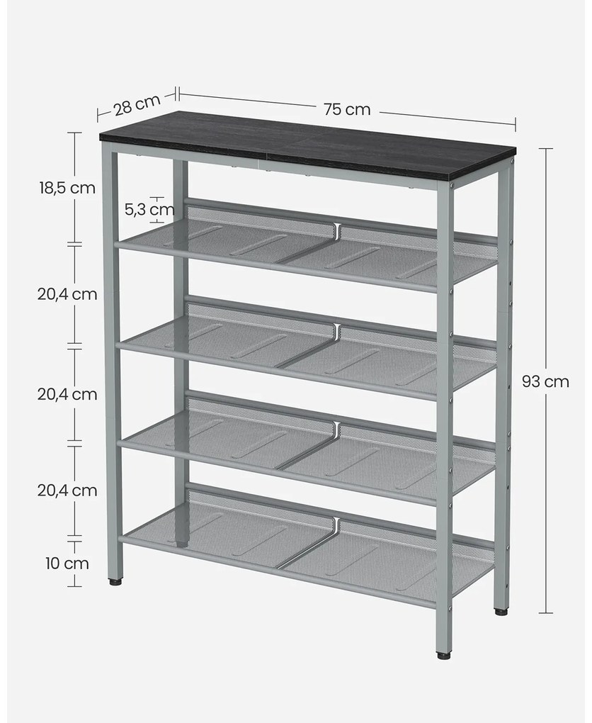 Sapateira com 5 níveis em estilo industrial 28 x 75 x 93 cm Preto-prata