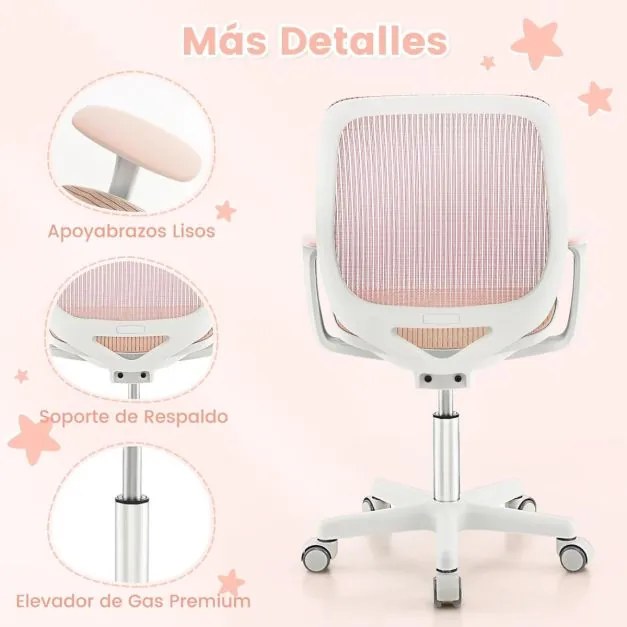 Cadeira giratória para crianças com altura ajustável, rodas com travão e apoios de braços. ergonómica rosa