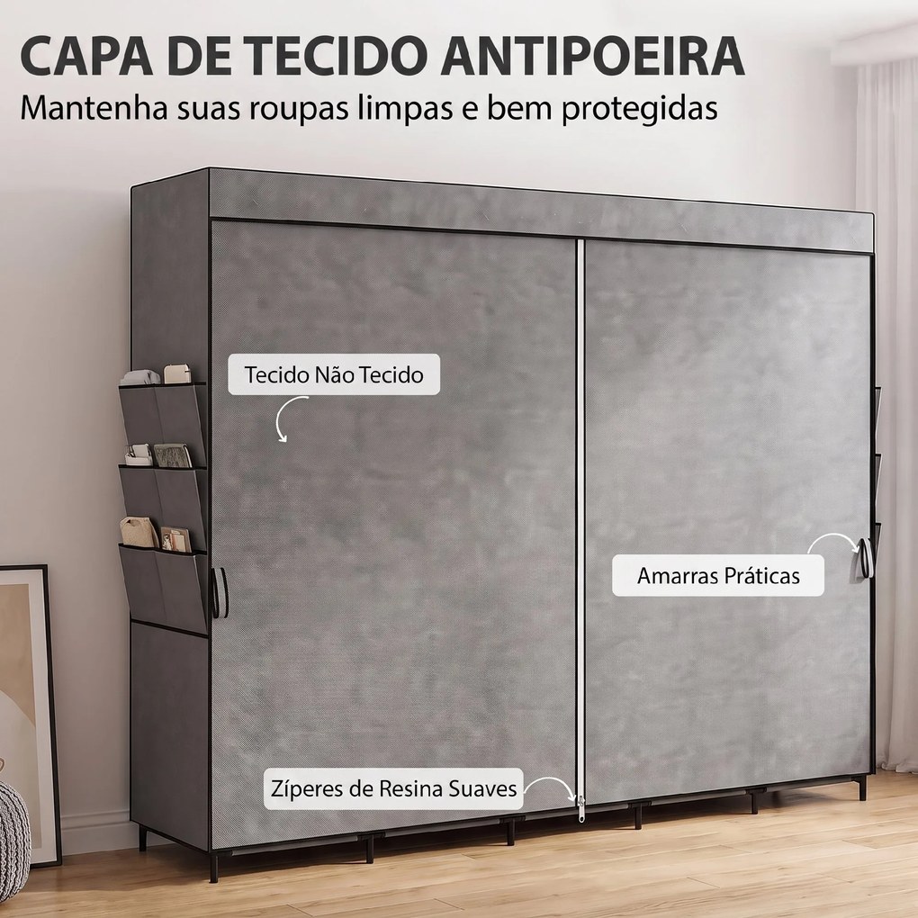Roupeiro de Tecido com 5 Varões 5 Prateleiras 6 Bolsos Laterais Fecho de Correr Estrutura em Aço 212x45x167 cm Cinza