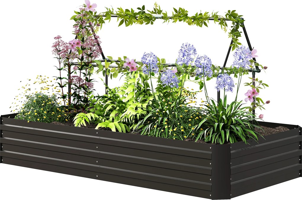 Floreira retangular de aço galvanizado com suportes para tomates e plantas trepadeiras, 180 x 90 x 29,5 cm preto