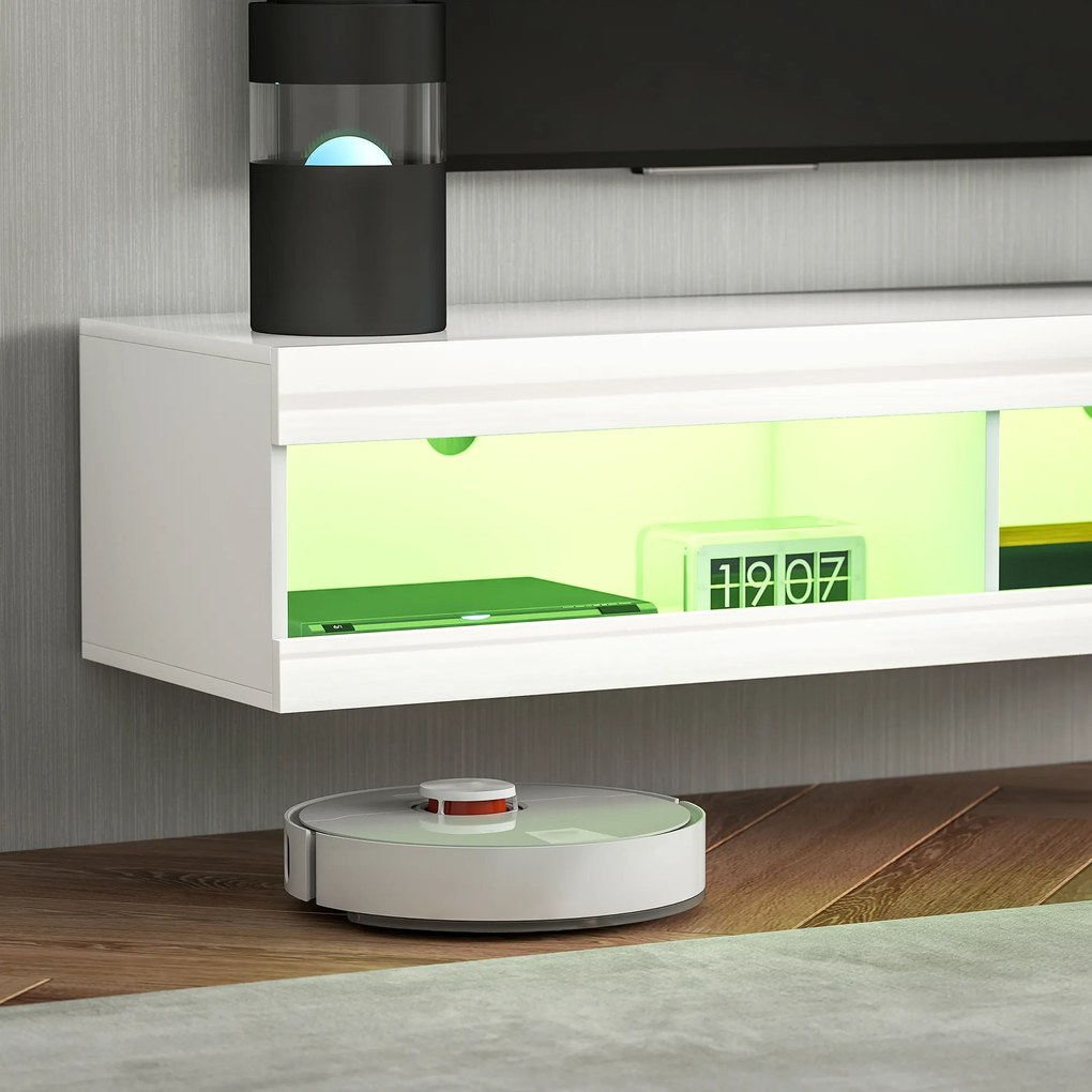 Móvel de TV Suspenso com Luzes LED com Controlo Remoto Compartimentos Orifício Passa-Cabos 140x40x30 cm Branco Brilhante
