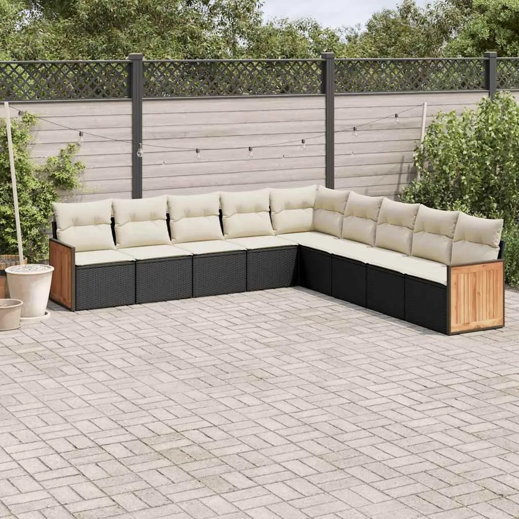 9 pcs conjunto de sofás p/ jardim c/ almofadões vime PE preto