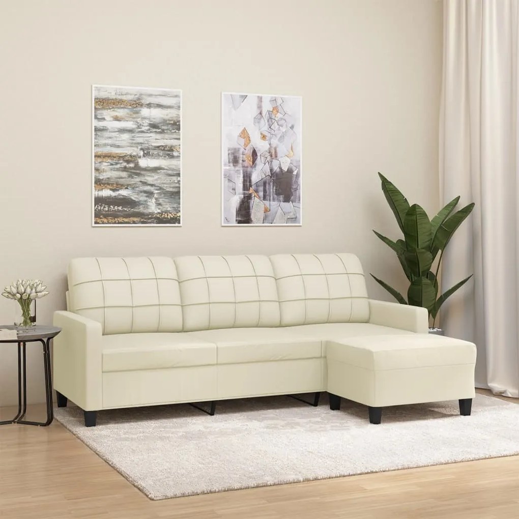 vidaXL Sofá 3 lugares c/ apoio pés 180 cm couro artificial cor creme