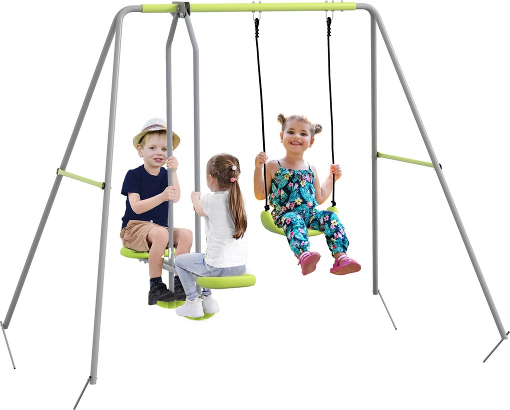 Baloiço para Crianças Baloiço Jardim com 1 Baloiço Simples 1 Planador e Anti-UV 255x160x180 cm Cinza e Verde