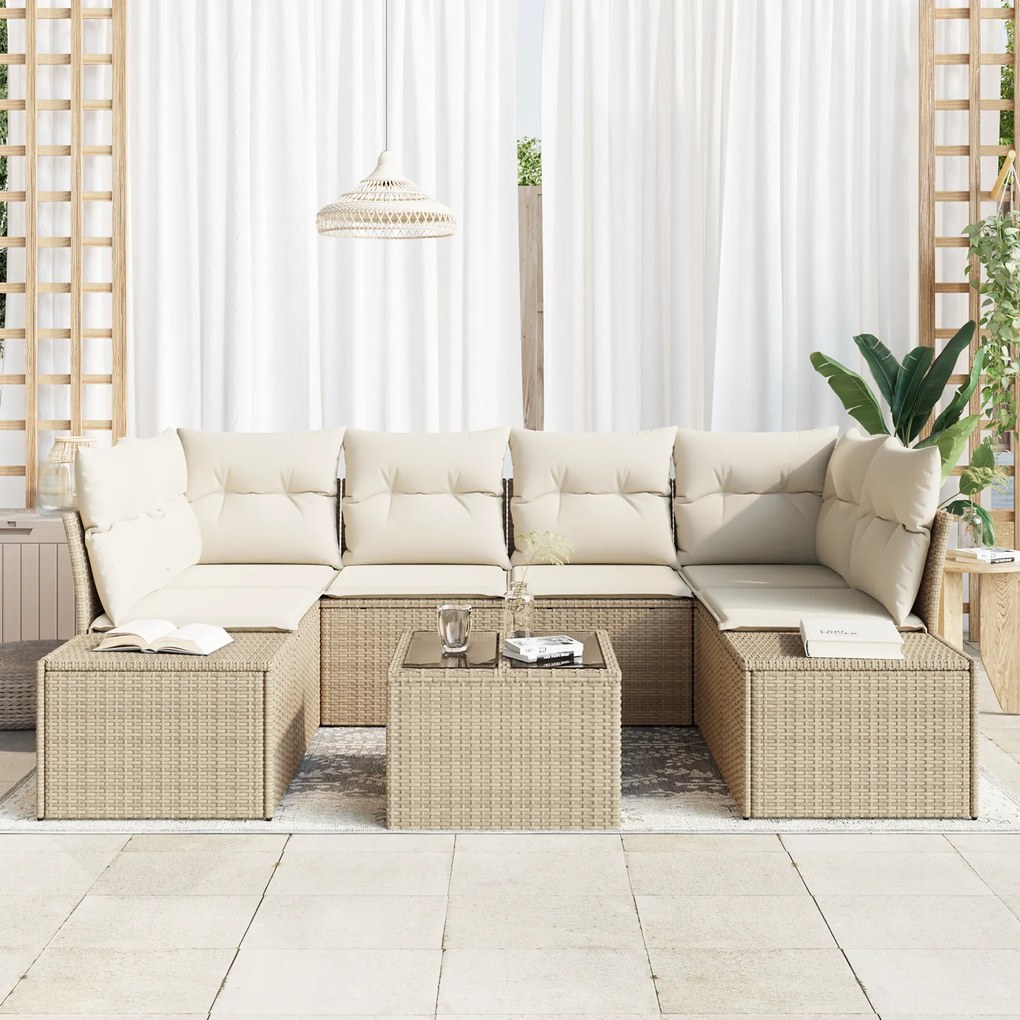 Conjunto de Sofá para Jardim de 7 Peças com Almofadas Bege Poli Rattan