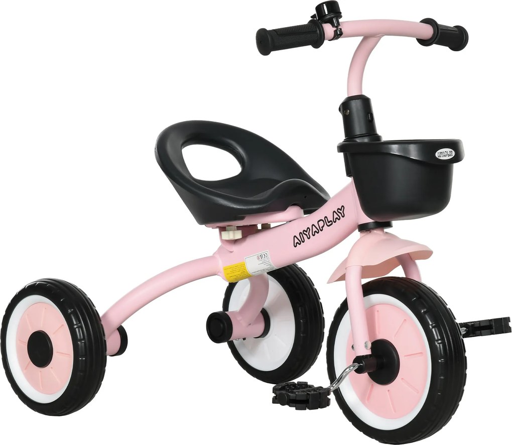 AIYAPLAY Triciclo para Crianças de 2 a 5 anos com Assento Ajustável Cesta Buzina e Pedais e 3 Rodas 70,5x53x58 cm Rosa | Aosom Portugal