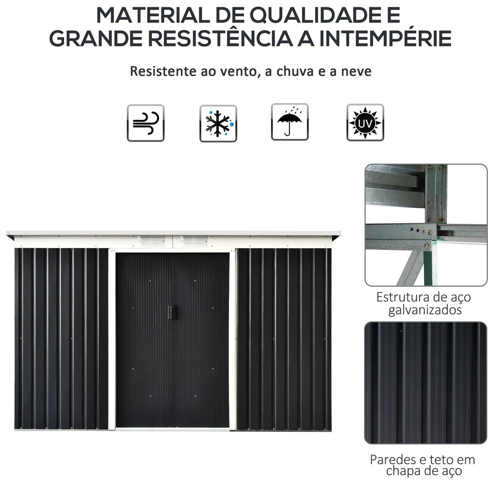 Abrigo de Jardim 280x130x172cm Abrigo de Exterior de Aço Galvanizado com Porta Corredeira e Ventilações para Armazenamento de Ferramentas Cinza Escuro